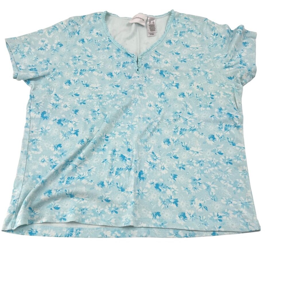 Liz Claiborne Womens XL Floral Print Light Blue V-Neck Short Sleeve 100% Cotton